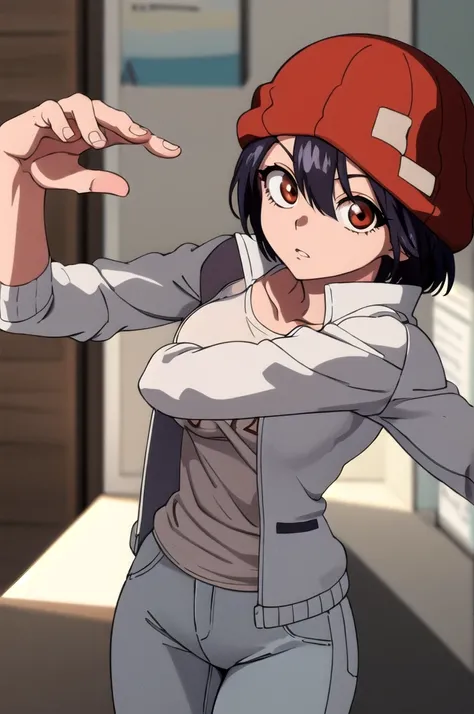 fuukoizumo, fuuko izumo, black hair, hair between eyes, (brown eyes:1.5), short hair, BREAK shirt, white shirt, jacket, open jacket, pants, denim, beanie, (red beanie:1.2), BREAK looking at viewer, BREAK indoors, classroom, (cowboy shot:1.5), BREAK(masterp...