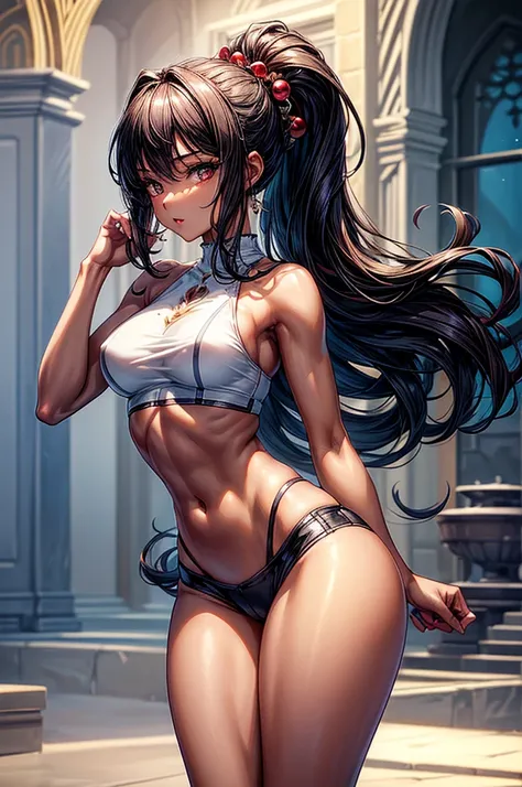 ((highest quality)),(ultra high resolution),(Super detailed), (best work of art), (1 young girl:1.5), beautiful and well-shaped face:1.5,(Beautiful skin with precise and detailed depiction:1.6),(sports bra and waist band hotpants shorts ),gorgeous, masterp...