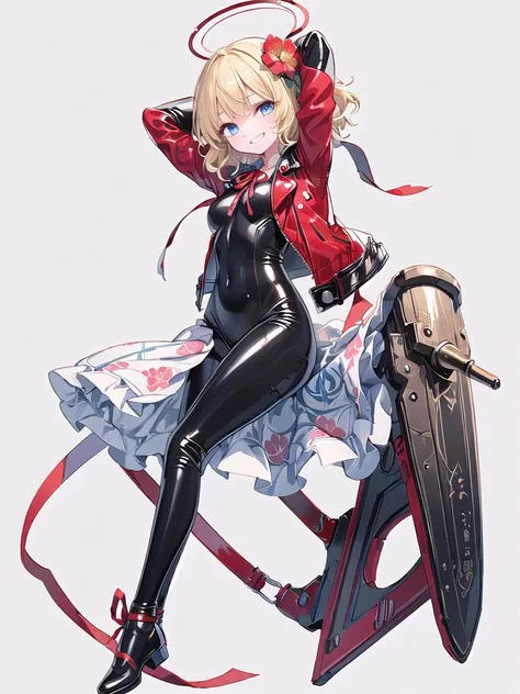 (((high quality))),(((masterpiece))),(((highly detailed))),((illustration style)),(((one girl))),(((medicine melancholy))), (touhou),(((blue eyes))), (((wavy hair, short hair, blonde hair,red ribbon))),(((black leather jacket))),(((Flower pattern red full ...