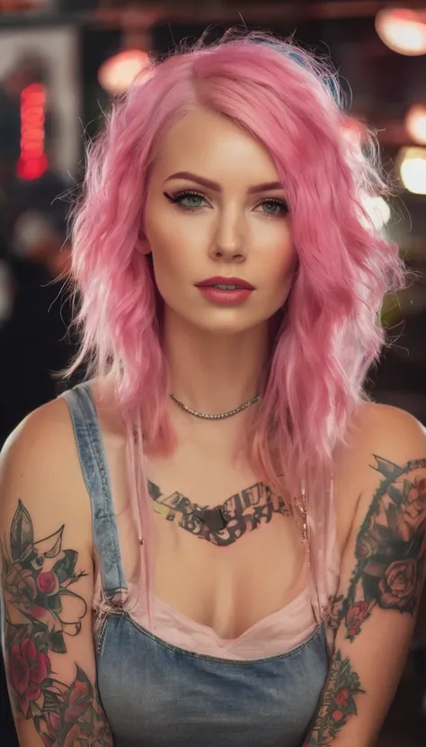 Young adult woman 22 years realistic, sexy with medium tits, modern punk style similar to harley queen, with long blonde and a little pink hair, with a broken heart tattoo on the neckline for the profile image