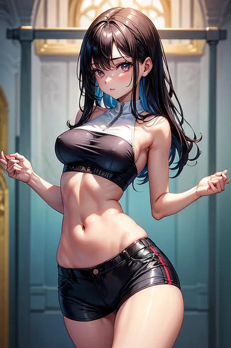 ((highest quality)),(ultra high resolution),(Super detailed), (best work of art), (1 young girl:1.5), beautiful and well-shaped face:1.5,(Beautiful skin with precise and detailed depiction:1.6),(sports bra and waist band hotpants shorts ),gorgeous, masterp...