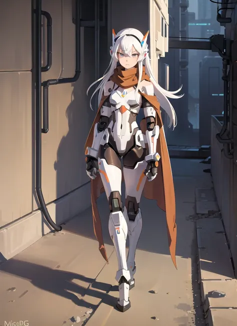 masterpiece, best quality, (1 girl), white hair, futuristic, cyberpunk, mechanical legs, robotic arm, anime, (desert), (brown cape), (scarf), SMG, android, [[longest hair]], desert android, sand storm