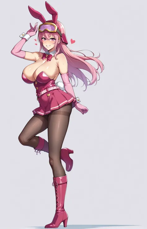 Ultra-detailed illustrations、Ultra-precise expression、masterpiece、Highest quality、ultra High resolution、High resolution、Hiromitsu Takeda Style、White background、Simple Background、Full Body Tights、Pink full face helmet、Bunny ears、Pink Rider Suit、Pink Tight S...