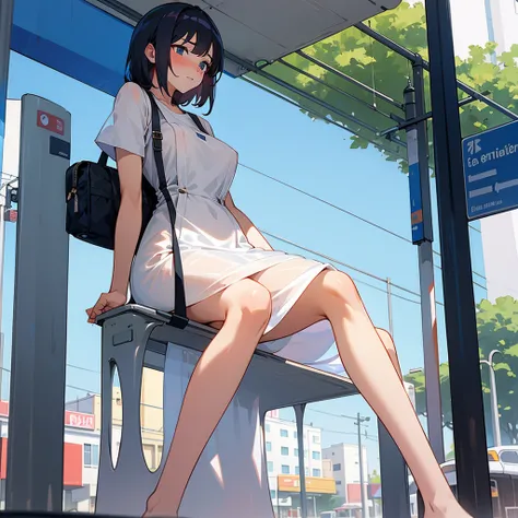 A girl waiting for the bus stop sitting with her legs open in a transparent dress naked with big tits and blushing 