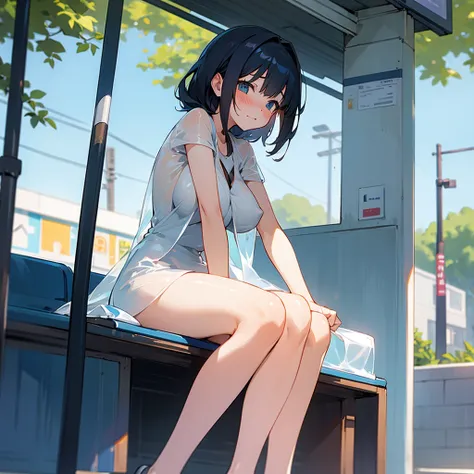 A girl waiting for the bus stop sitting with her legs open in a transparent dress naked with big tits and blushing 