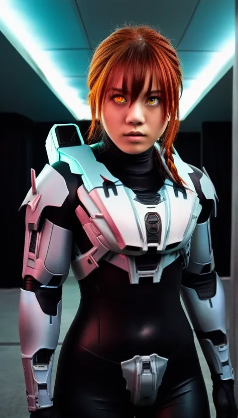 1 Girl、((glowing eyes, red eyes)), Medium Bust、solo、red Hair、Braid、Mobile Race Suit、Shoulder Armor、ceiling、Wide Shot、Looking Ahead、zipup suit 、Closed Mouth、Highest quality、medium quality、22 years old、Mobile Trace System、cockpit、Asian、CyborgCosplay
