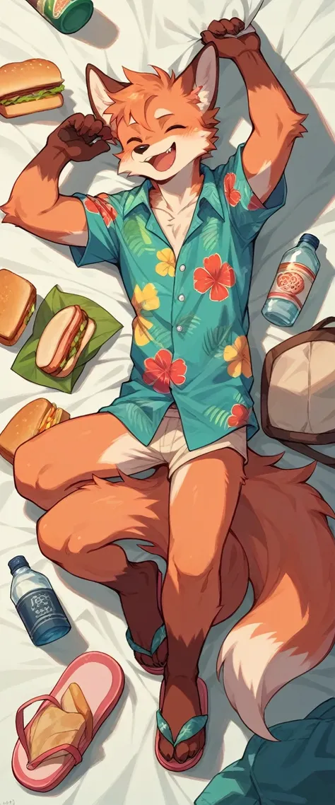 A pale red fluffy fox in a full-length turquoise Hawaiian shirt and flip-flop slippers on either side of him should have his attributes : zippo lighter, bottle of water, sandwich