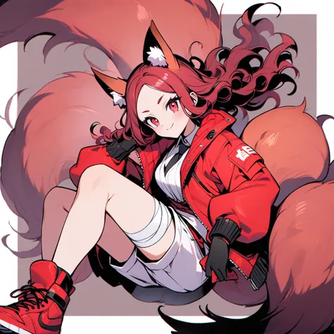 (well done: 1) woman, short red, slightly wavy hair, red fox ears and tail, bulky red winter jacket with black details, white shirt, black tie, white shorts, knee bandage, red sneakers.