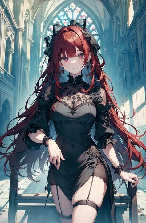 extremelydetailedwallpaper, Ultra-detailed details, detailed shadow, very precise detail, Extremely detailed 8k wallpaper, very fine 8KCG wallpapers,An old abandoned church.  Her black dress was torn and stained in some places. red hair was long and fluffy...