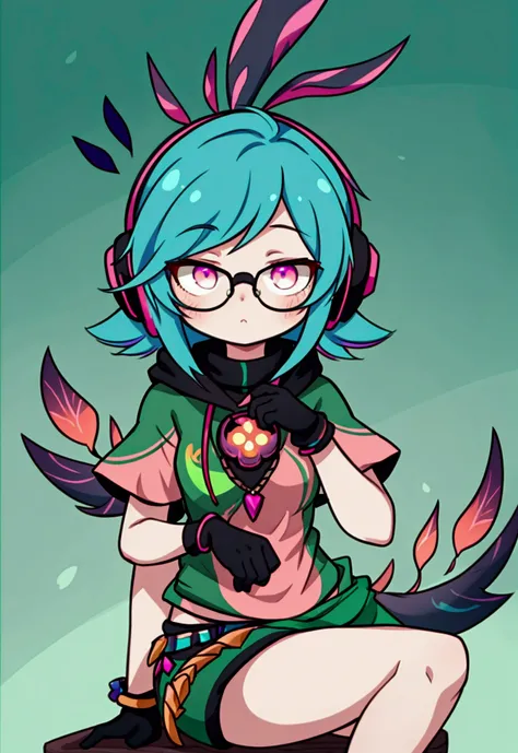 Neeko ((highest quality)), ((masterpiece)), (be familiar with), perfect face,white half-up hair,green mesh hair,Pink eyes,round glasses,cool black hoodie,headphones,black gloves,turtleneck,alone,icon