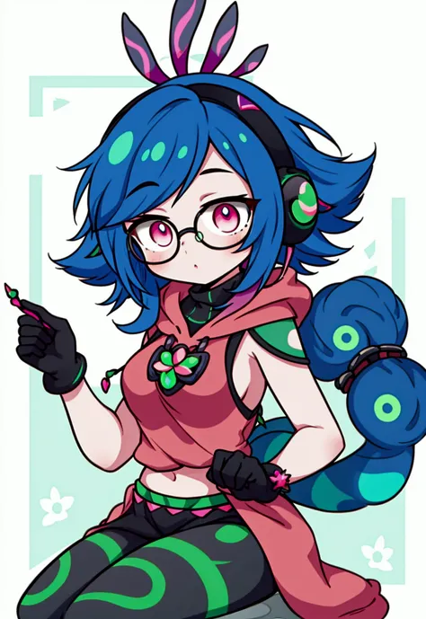 Neeko ((highest quality)), ((masterpiece)), (be familiar with), perfect face,white half-up hair,green mesh hair,Pink eyes,round glasses,cool black hoodie,headphones,black gloves,turtleneck,alone,icon