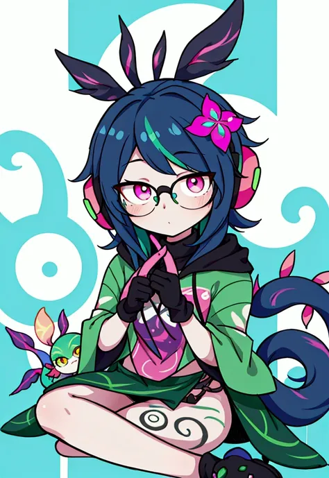 Neeko ((highest quality)), ((masterpiece)), (be familiar with), perfect face,white half-up hair,green mesh hair,Pink eyes,round glasses,cool black hoodie,headphones,black gloves,turtleneck,alone,icon