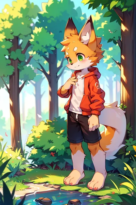 Furry,Fox,boy,8k resolution,最High resolution,                   High resolution,Wearing a hoodie,Green Eyes,summer,Stand on your feet,Two legs,Five fingers on a hand,Five toes,tall,：tall stature,slim,fit