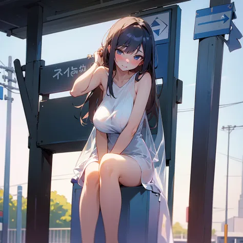 A girl waiting for the bus stop sitting facing forward with her legs wide open wearing a very transparent dress naked with big tits and blushing 