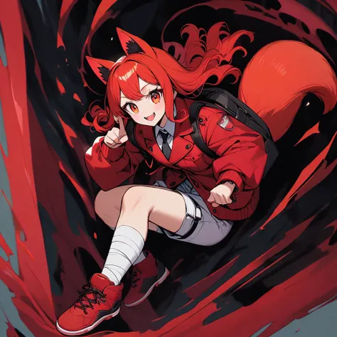 (well done: 1) woman, short red, slightly wavy hair, red fox ears and tail, bulky red winter jacket with black details, white shirt, black tie, white shorts, knee bandage, red sneakers.