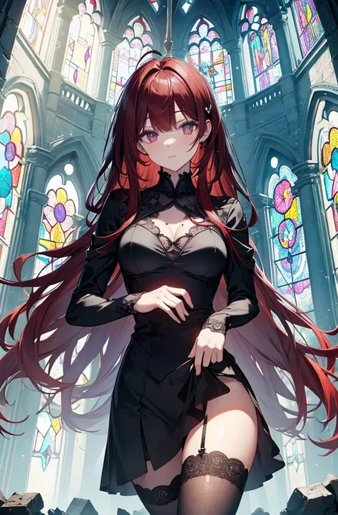 extremelydetailedwallpaper, Ultra-detailed details, detailed shadow, very precise detail, Extremely detailed 8k wallpaper, very fine 8KCG wallpapers,An old abandoned church.  Her black dress was torn and stained in some places. red hair was long and fluffy...