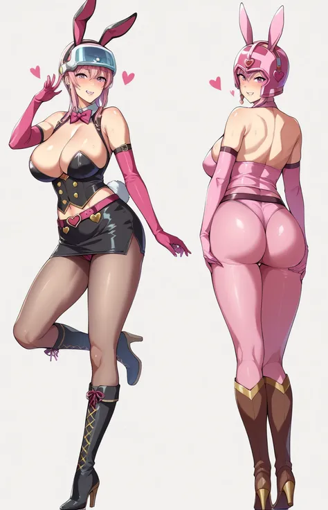 Ultra-detailed illustrations、Ultra-precise expression、masterpiece、Highest quality、ultra High resolution、High resolution、Hiromitsu Takeda Style、White background、Simple Background、Full Body Tights、Pink full face helmet、Bunny ears、Pink Rider Suit、Pink Tight S...