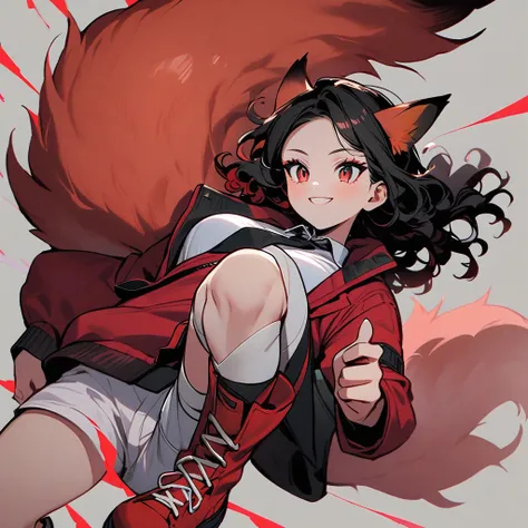 (well done: 1) woman, short red, slightly wavy hair, red fox ears and tail, bulky red winter jacket with black details, white shirt, black tie, white shorts, knee bandage, red sneakers.