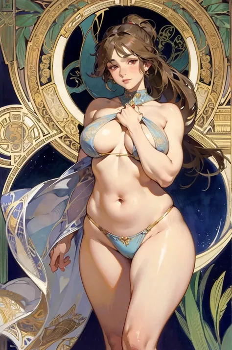 ((masterpiece)), (Highest quality), (work), Art Nouveau watercolors , Moon Goddess , Big Breasts，Robe，String，Show me your neck，Exposing shoulders，Showing your belly button，Camel toes are exposed，Big eyes, length, Thick eyelashes, Fuller lips, Dark red eyes...