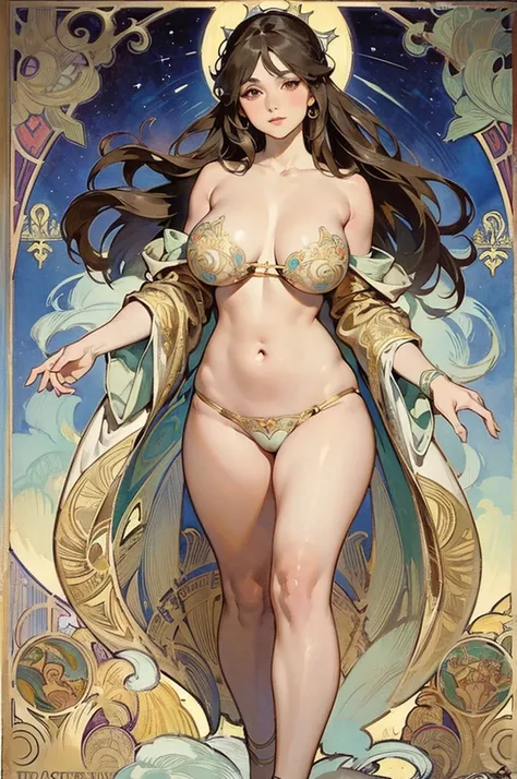 ((masterpiece)), (Highest quality), (work), Art Nouveau watercolors , Moon Goddess , Big Breasts，Robe，String，Show me your neck，Exposing shoulders，Showing your belly button，Camel toes are exposed，Big eyes, length, Thick eyelashes, Fuller lips, Dark red eyes...