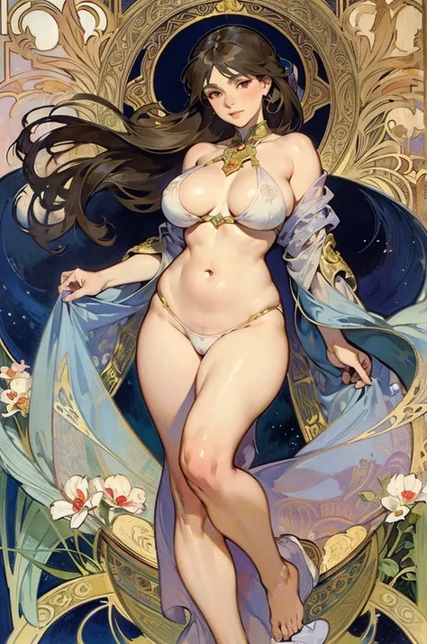 ((masterpiece)), (Highest quality), (work), Art Nouveau watercolors , Moon Goddess , Big Breasts，Robe，String，Show me your neck，Exposing shoulders，Showing your belly button，Camel toes are exposed，Big eyes, length, Thick eyelashes, Fuller lips, Dark red eyes...