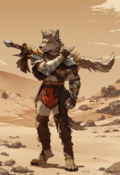 Solo Sexy young anthro furry wolf male mercenary medieval solider, slim endomorph muscular, anthro handsome gay shorter muzzle, handsome gay model male apperance, sword scars, worn out leather skimpy armament, low on hips heavy leather belt, old very worn ...