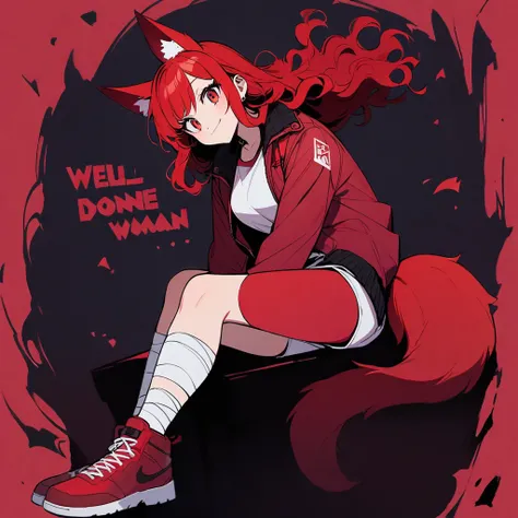 (well done:1) woman, short red, slightly wavy hair, red fox ears and tail, bulky red winter jacket with black details, white shirt, white shorts, bandage on the knee, red sneakers.