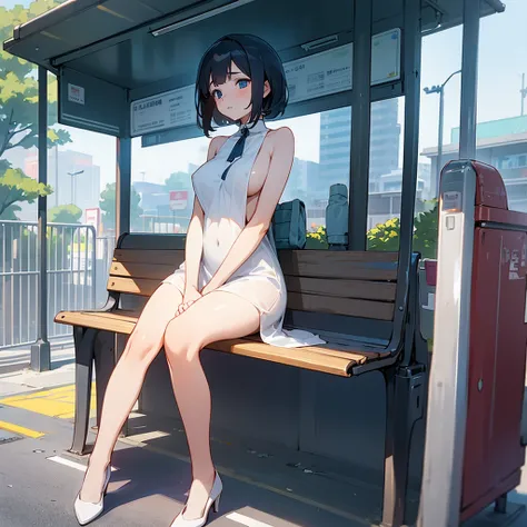 A girl waiting for the bus stop sitting facing forward with her legs wide open wearing a very transparent dress naked showing her big tits