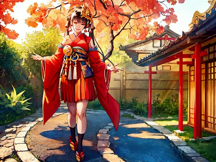 a woman using helm shoes, smile, crossed bangs ,Red eyes, red kimono, short hakama, skirt,golden phoenix mask on head. black socks, wide socks,wide sleeves,zetai ryouiki, black hair, long hair, pigtails, hair bows, ahoge, short kimono, shoulder to shoulder...