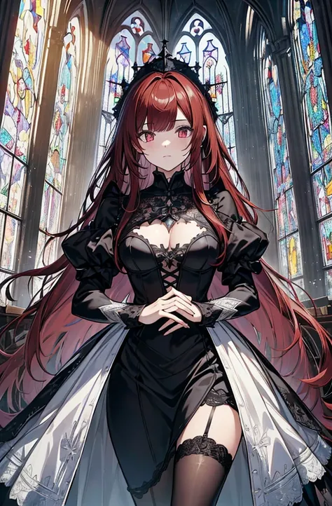 extremelydetailedwallpaper, Ultra-detailed details, detailed shadow, very precise detail, Extremely detailed 8k wallpaper, very fine 8KCG wallpapers,An old abandoned church.  Her black dress was torn and stained in some places. red hair was long and fluffy...