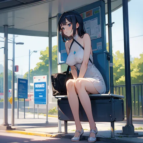 A girl waiting for the bus stop sitting facing forward with her legs wide open wearing a very transparent dress naked showing her big tits