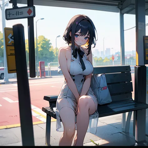 A girl waiting for the bus stop sitting facing forward with her legs wide open wearing a very transparent dress naked showing her big tits