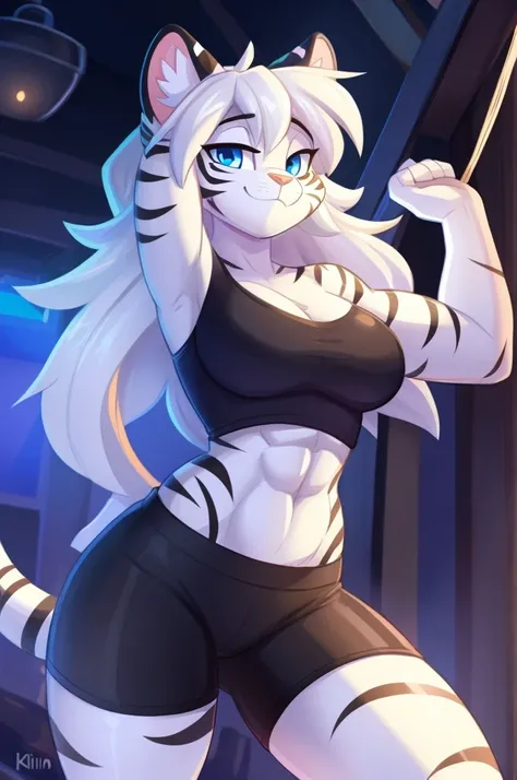 by Kilinah, by Coffeesoda, by Hioshiru, by Kilinah, uploaded E621, beautiful and detailed portrait of a female (((female))) frontal cat, Zenematic lighting, seductive, bl, white tiger,, big chest, full body, Long white hair, blue eyes, single, standing, wh...