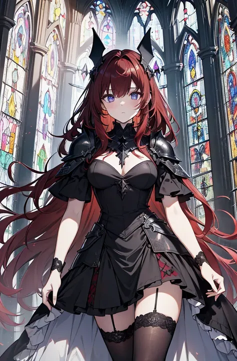 extremelydetailedwallpaper, Ultra-detailed details, detailed shadow, very precise detail, Extremely detailed 8k wallpaper, very fine 8KCG wallpapers,An old abandoned church.  Her black dress was torn and stained in some places. red hair was long and fluffy...