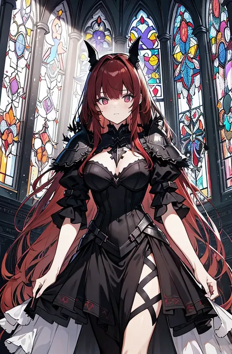 extremelydetailedwallpaper, Ultra-detailed details, detailed shadow, very precise detail, Extremely detailed 8k wallpaper, very fine 8KCG wallpapers,An old abandoned church.  Her black dress was torn and stained in some places. red hair was long and fluffy...