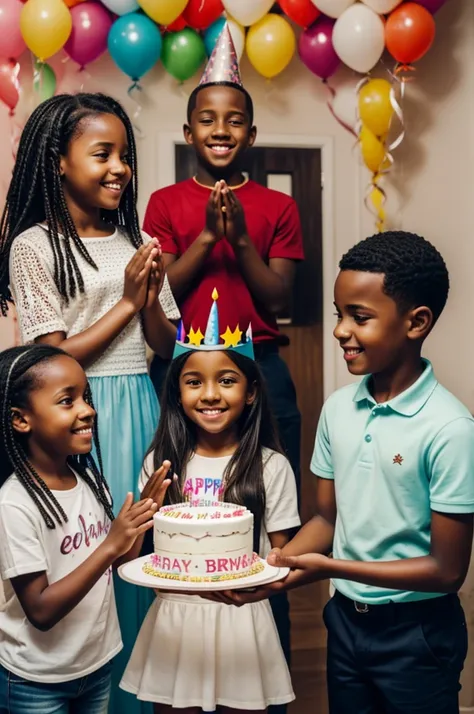 Believe me, an image where a birthday is celebrated with two white girls and a dark-skinned boy, one of the girls holds the cake and the boy applauds.