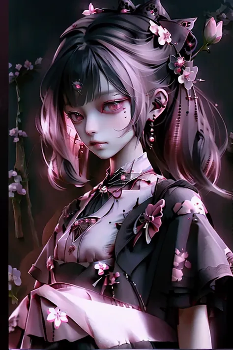 woman、whole body,game character costumes,novel,gothic lolita,dress,image color: black and pink,lanthanum, cherry blossoms, petal...