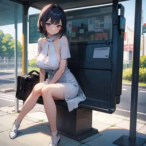 A girl waiting for the bus stop sitting facing forward with her legs wide open wearing a very short and very transparent dress naked showing her big tits and vagina 