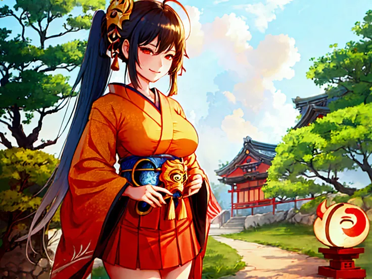 a woman using helm shoes, smile, crossed bangs ,Red eyes, red kimono, short hakama, skirt,golden phoenix mask on head. black socks, wide socks,wide sleeves,zetai ryouiki, black hair, long hair, pigtails, hair bows, ahoge, short kimono, shoulder to shoulder...