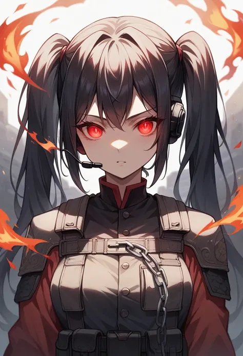 ((best quality)), ((masterpiece)), (detailed), perfect face, 1girl, lower body, long black hair with red tips, tactical clothing, headset, chains around her waist, surrounded by flames, night time, red eyes, glowing eyes, ponytails, twin tails,