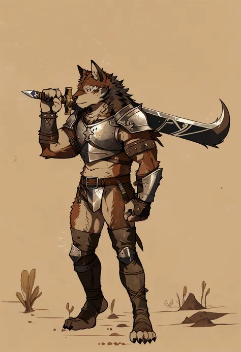 Solo Sexy young anthro furry wolf male mercenary medieval solider, slim endomorph muscular, anthro handsome gay shorter muzzle, handsome gay model male apperance, sword scars, worn out leather skimpy armament, low on hips heavy leather belt, old very worn ...