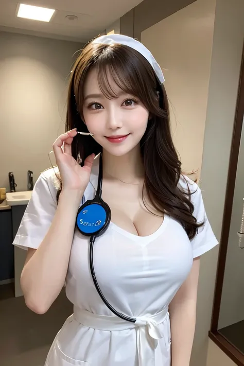 Hospital Nurse, Highest quality, shape, Very detailed, In detail, High resolution, 8k wallpaper, Perfect dynamic composition, Beautiful details,  Natural Lip, Cute Nurse Stethoscope, Big Breasts,Full Body Cleavage, She is smiling in a cute pose.., A master...