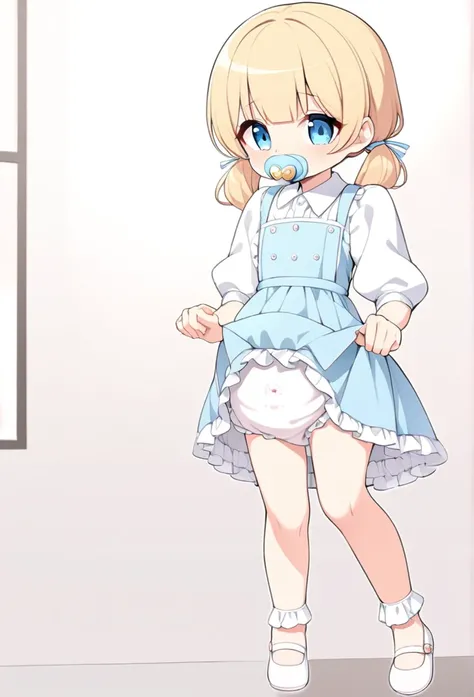 blue eyes,long eyelashes,frilly baby blue pinafore dress,standing,collared blouse,big puffy short white sleeves,hair ribbons,,big puffy diaper,frilly ankle socks,mary jane shoes,curly pigtails,blonde hair,solo,masterpiece,fullbody,(big puffy diaper),diaper...