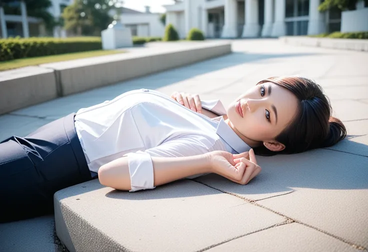 8k, raw photo, best quality, masterpiece, realistic, photo realistic, clear, professional lighting, beautiful face, best quality,ultra high res, realistic japanese beautiful, Super detailed, 1girl, clothed, outdoor, lying, full body