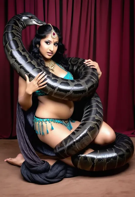 pregnant  happy horny, aroused 1girl), beautiful kneeling indian  young teen belly dancer girl  with  giant colossal black titan...