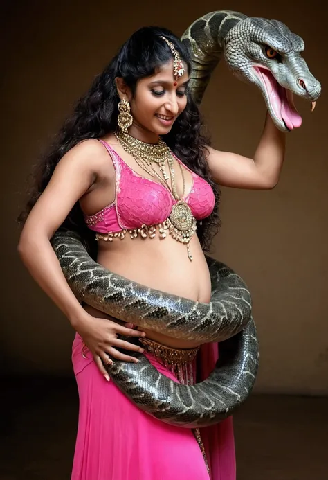  Pregnant Happy Horny, aroused 1girl), beautiful indian young teen belly dancer wearing pink  thong with  giant colossal  Kaa  monster squeezing her hard, wrapped in thick spiraling coils, constricted, struggle, gasping for air, snake attack, snake peril,