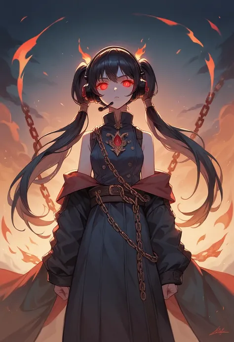 ((best quality)), ((masterpiece)), (detailed), perfect face, 1girl, lower body, long black hair with red tips, tactical clothing, headset, chains around her waist, surrounded by flames, night time, red eyes, glowing eyes, ponytails, twin tails,