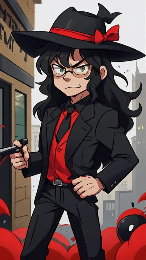 Create a cartoon-style character inspired by a mysterious detective. The character should wear a wide-brimmed black hat, black sunglasses, and have voluminous curly hair. He should be dressed in a black suit with a red shirt underneath, and a bright yellow...