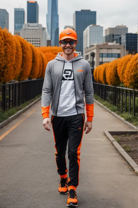 1male, dark orange hair, bright orange visor glasses, black and orange super suit, hoodie, smiling, grinning, city background, detailed background, detailed face, standing, walking on path, hands to side