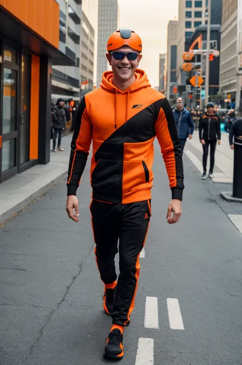 1male, dark orange hair, bright orange visor glasses, black and orange super suit, hoodie, smiling, grinning, city background, detailed background, detailed face, standing, walking on path, hands to side